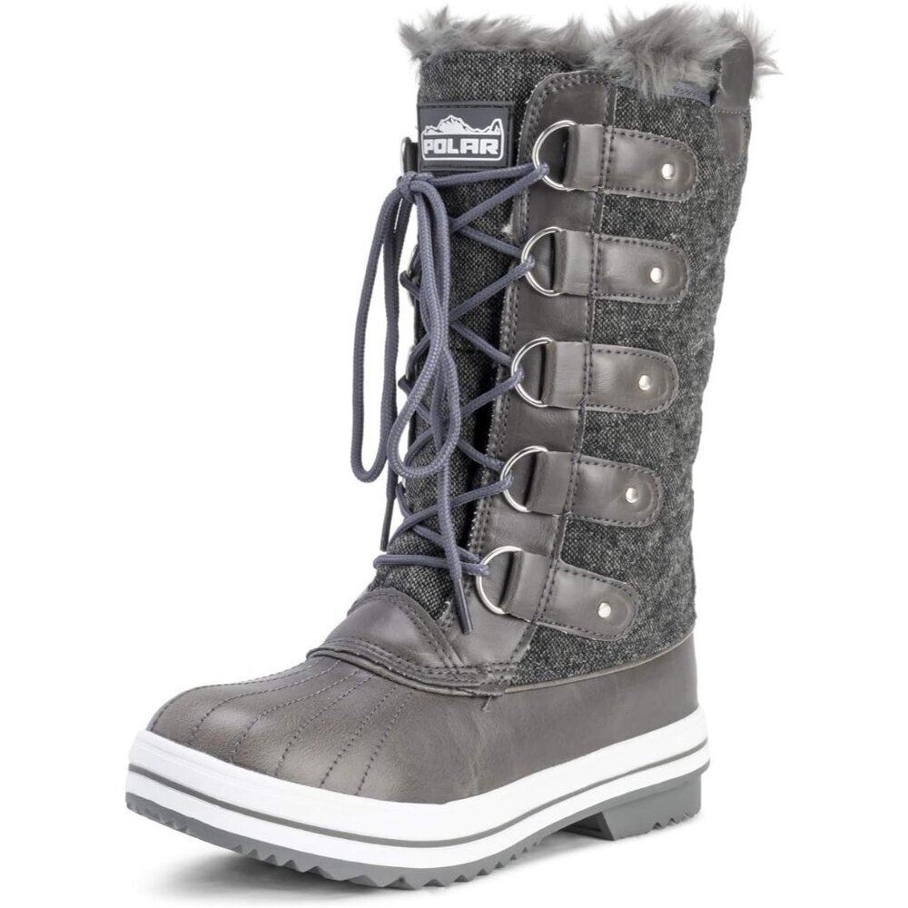 〽️Women's Grey Polar Tall Nylon Waterproof Fur Lined Winter Warm Rain Boots